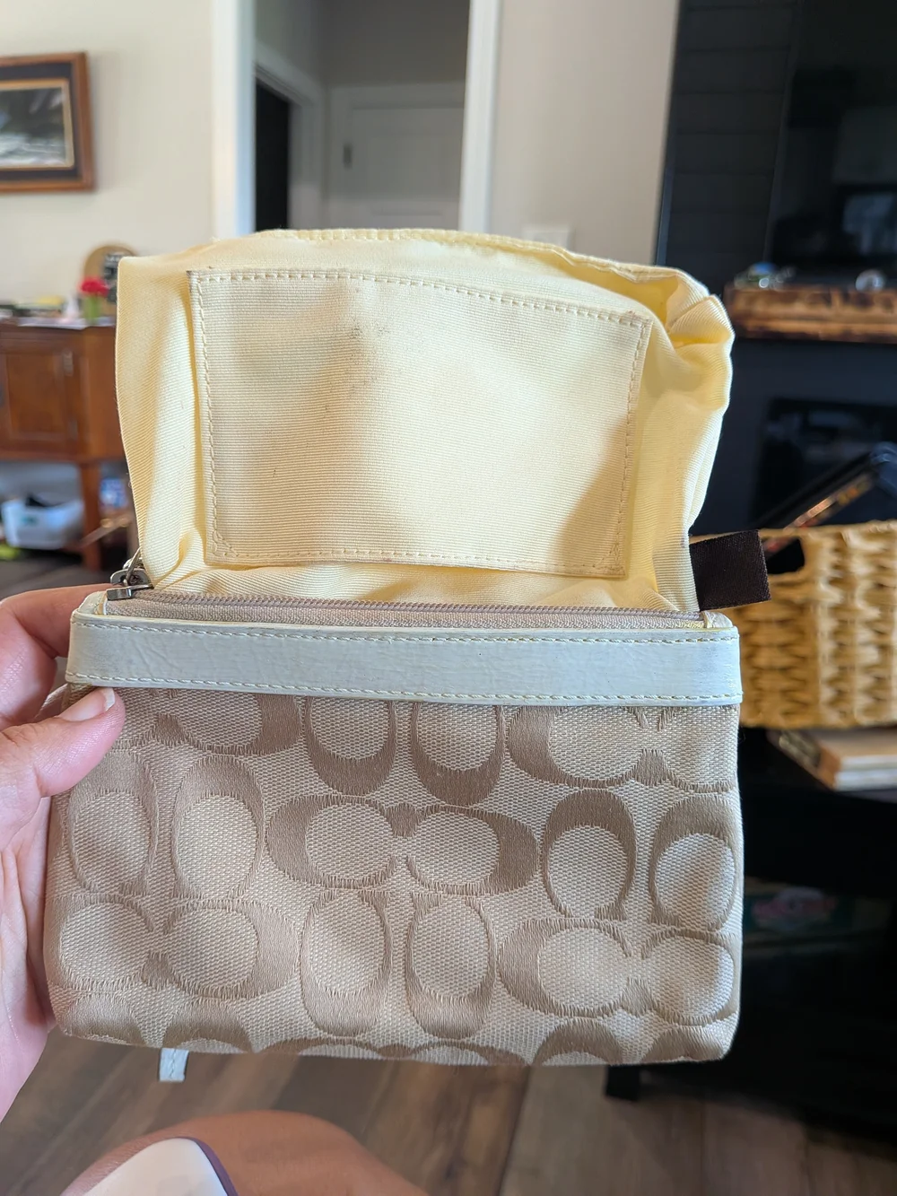 Coach Beige Signature Canvas Wristlet with White Leather Trim